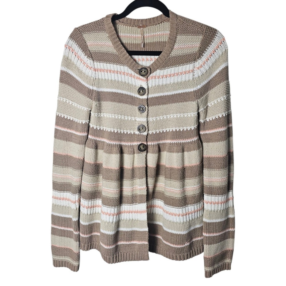 Free People S Striped Cardigan Tan Babydoll Button Front Boho Sweater Cottage ~